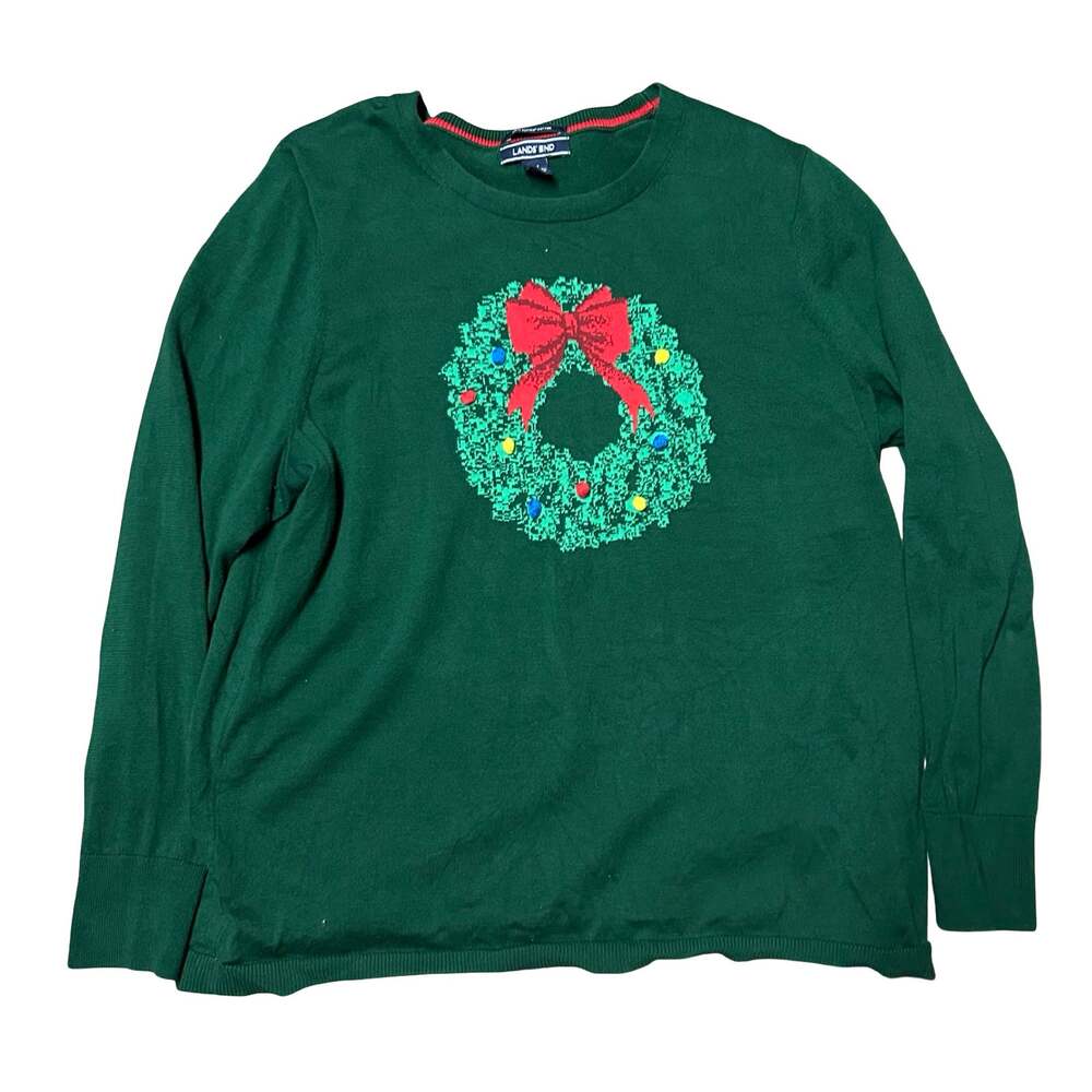 Lands' End Wreath Sweater Womens 1X Green Supima Cotton Christmas Holiday